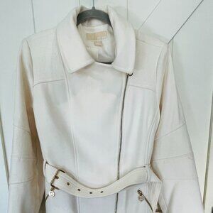 Michael Kors Peacoat Wool Blend Gold Accents Full-Zip Belted Cream Womens L